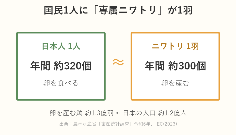国民1人に専属ニワトリ1羽がいる計算を示す図（1人あたり年間約320個の卵を食べ、1羽あたり年間約300個の卵を産む）